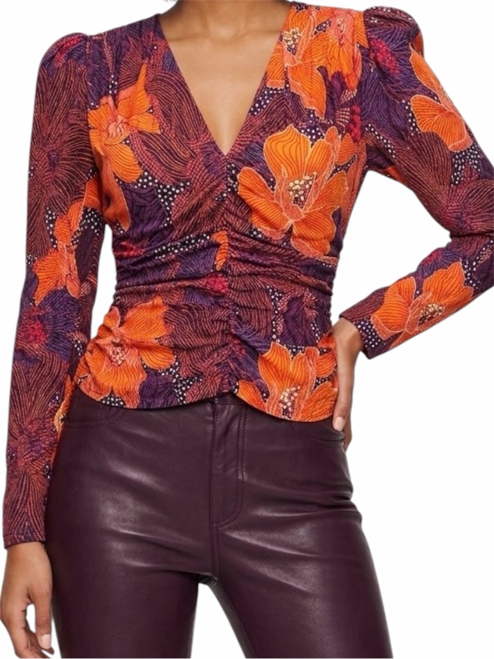 Zara blouse ruched V neck puff sleeve purple & orange floral XS nwt